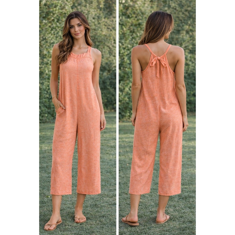 Haute Hippie Style Jumpsuit Sz S Coral Orange Linen Blend Wide Leg Beach
 Casual